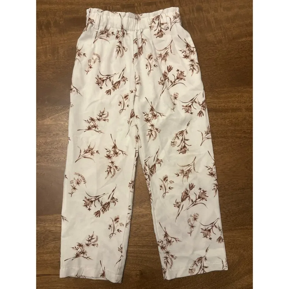 Girls 5T Wide Leg‎ Floral Pants Cream Brown Boho Stretch Waist Soft Lightweight